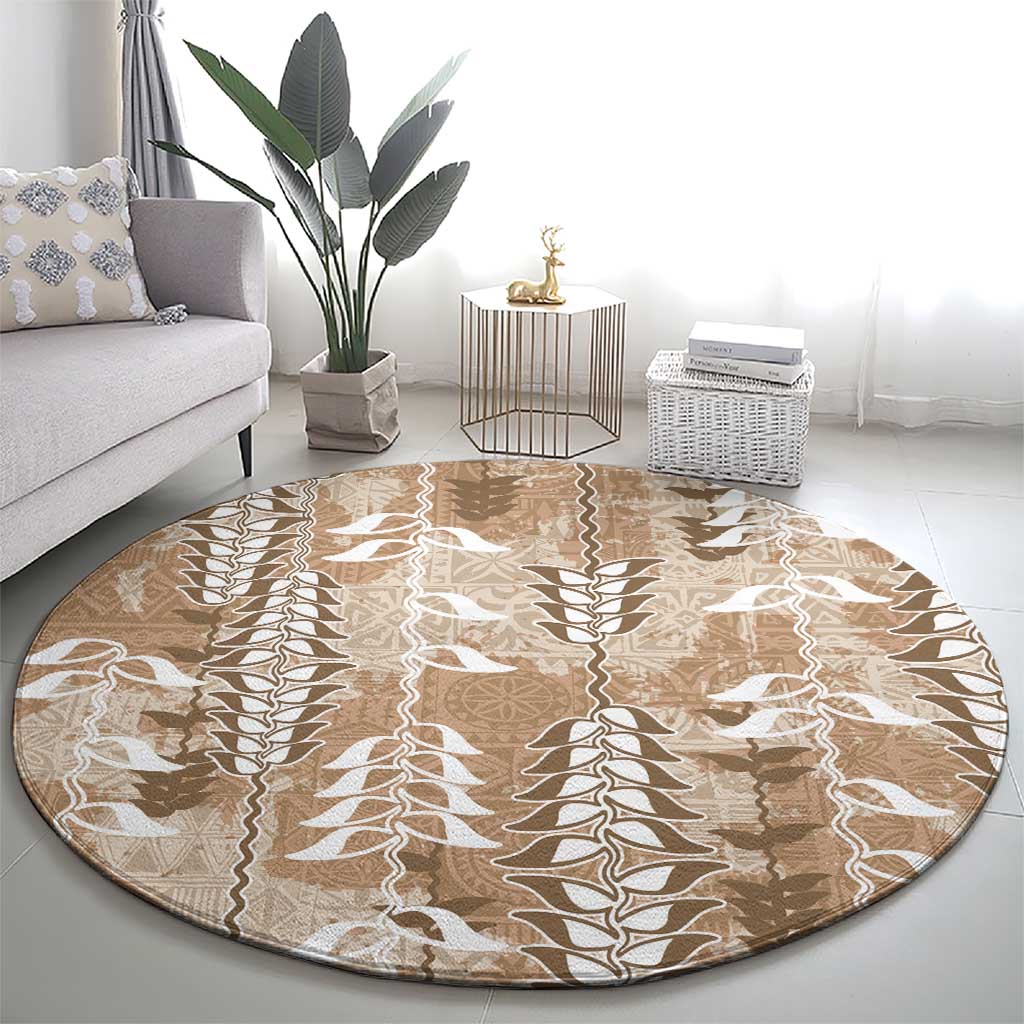 Beige Hawaii Tapa Pattern Round Carpet With Heliconia Vintage Style LT05 - Polynesian Pride