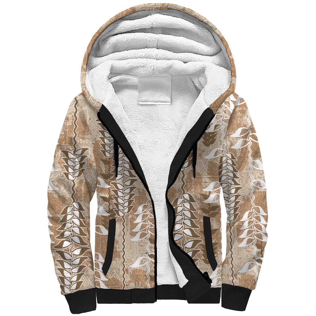 Beige Hawaii Tapa Pattern Sherpa Hoodie With Heliconia Vintage Style