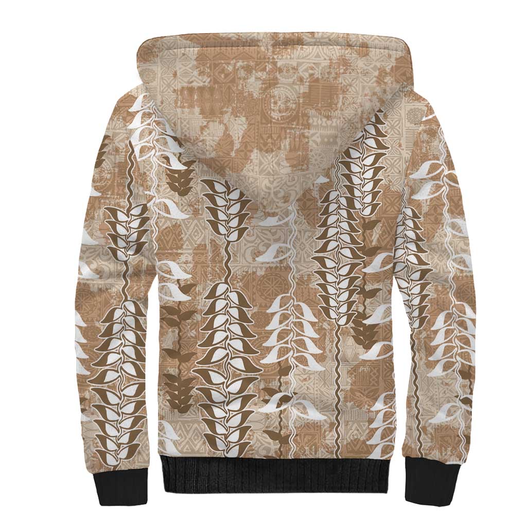 Beige Hawaii Tapa Pattern Sherpa Hoodie With Heliconia Vintage Style