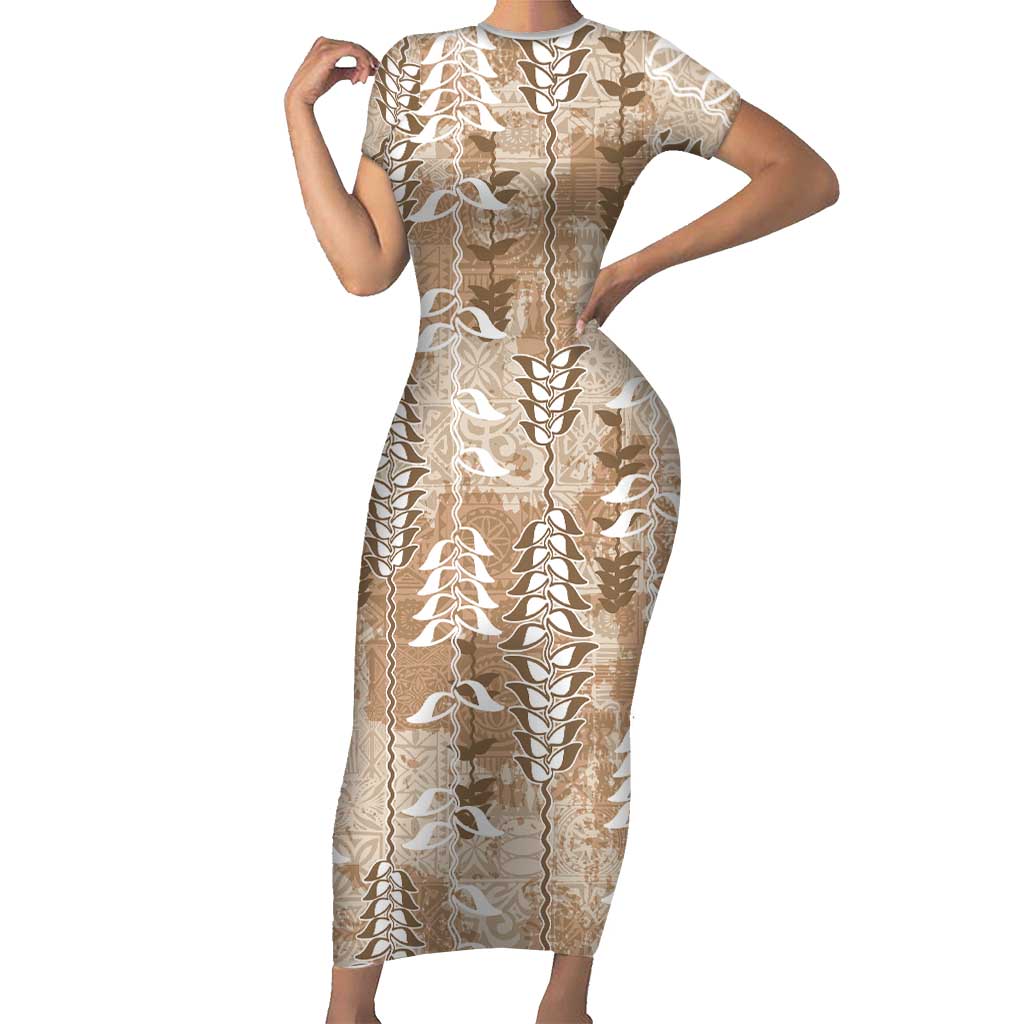 Beige Hawaii Tapa Pattern Short Sleeve Bodycon Dress With Heliconia Vintage Style LT05 Long Dress Beige - Polynesian Pride