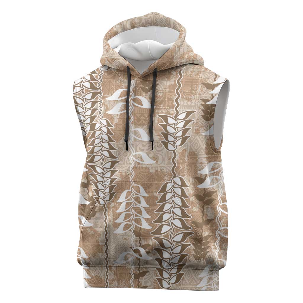 Beige Hawaii Tapa Pattern Sleeveless Hoodie With Heliconia Vintage Style