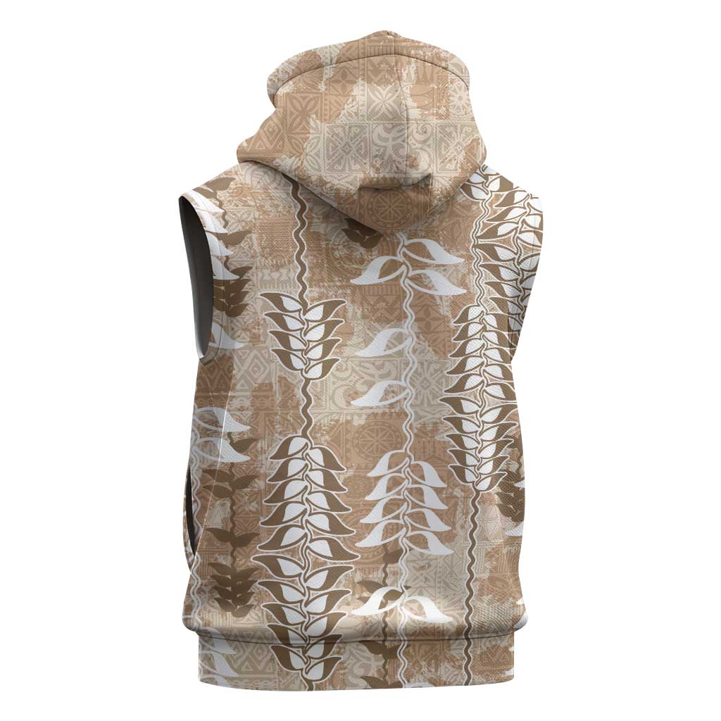 Beige Hawaii Tapa Pattern Sleeveless Hoodie With Heliconia Vintage Style