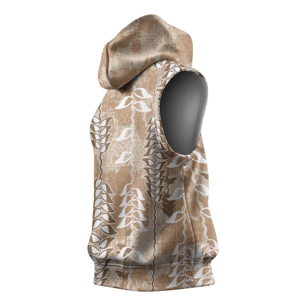 Beige Hawaii Tapa Pattern Sleeveless Hoodie With Heliconia Vintage Style