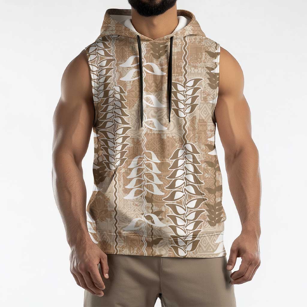 Beige Hawaii Tapa Pattern Sleeveless Hoodie With Heliconia Vintage Style