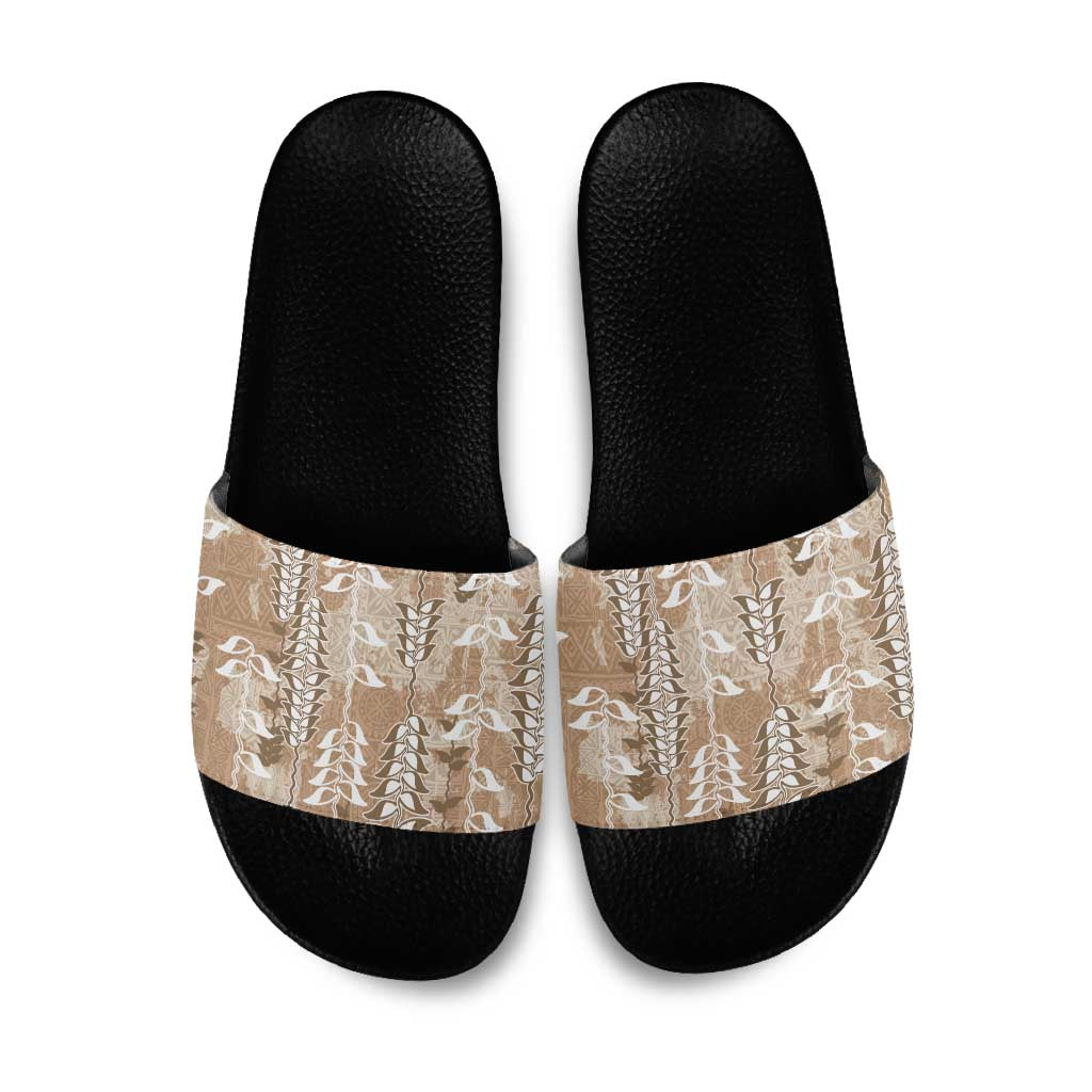 Beige Hawaii Tapa Pattern Slide Sandals With Heliconia Vintage Style LT05 Beige - Polynesian Pride