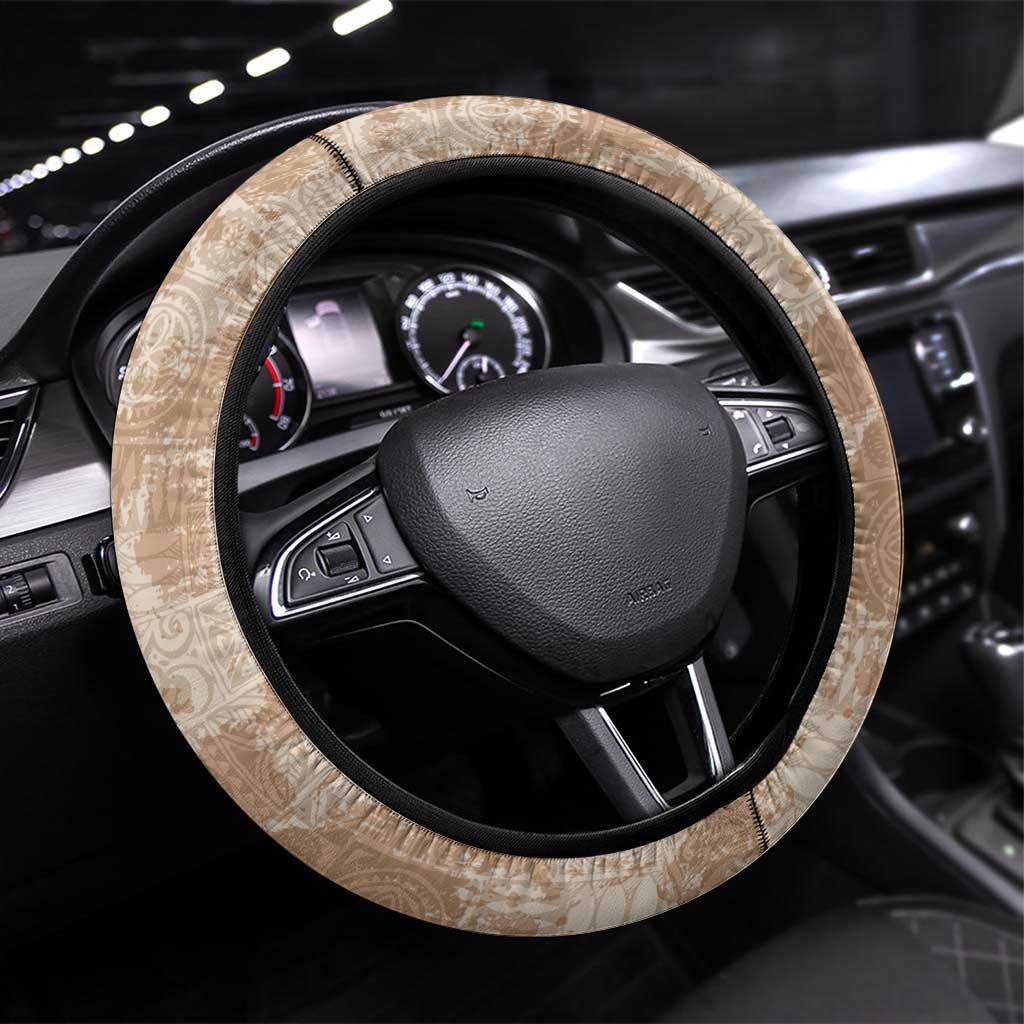 Beige Hawaii Tapa Pattern Steering Wheel Cover With Heliconia Vintage Style LT05 Universal Fit Beige - Polynesian Pride
