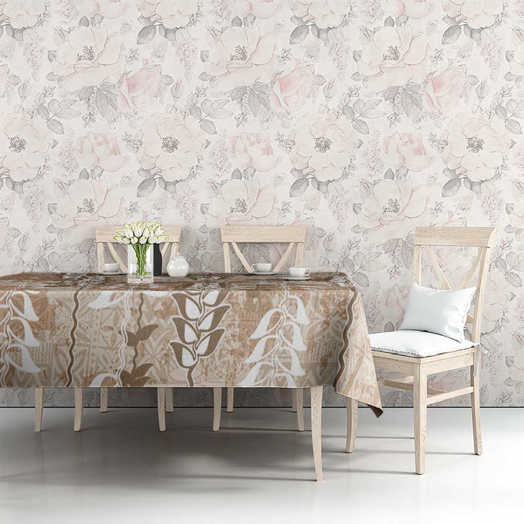 Beige Hawaii Tapa Pattern Tablecloth With Heliconia Vintage Style