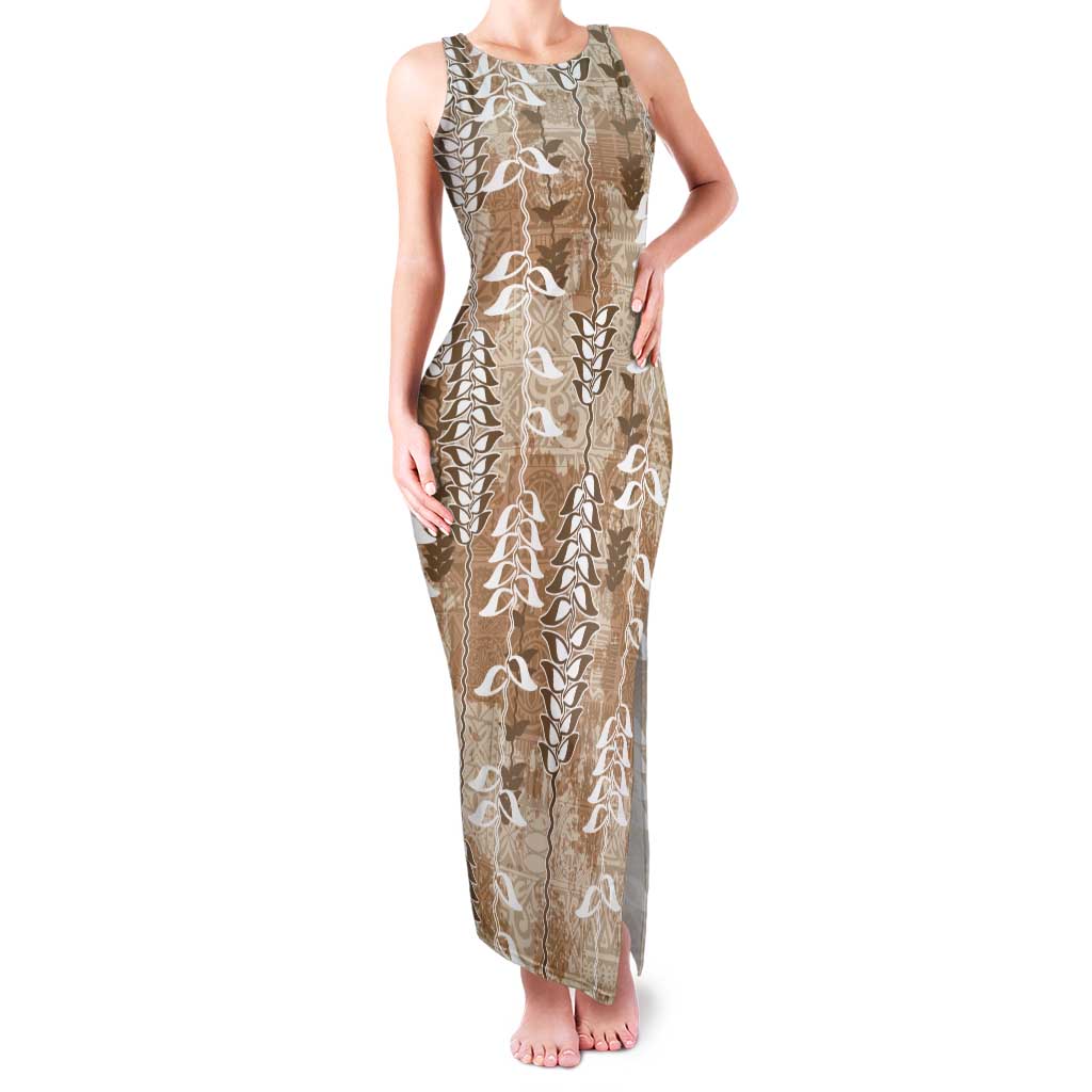 Beige Hawaii Tapa Pattern Tank Maxi Dress With Heliconia Vintage Style LT05 Women Beige - Polynesian Pride