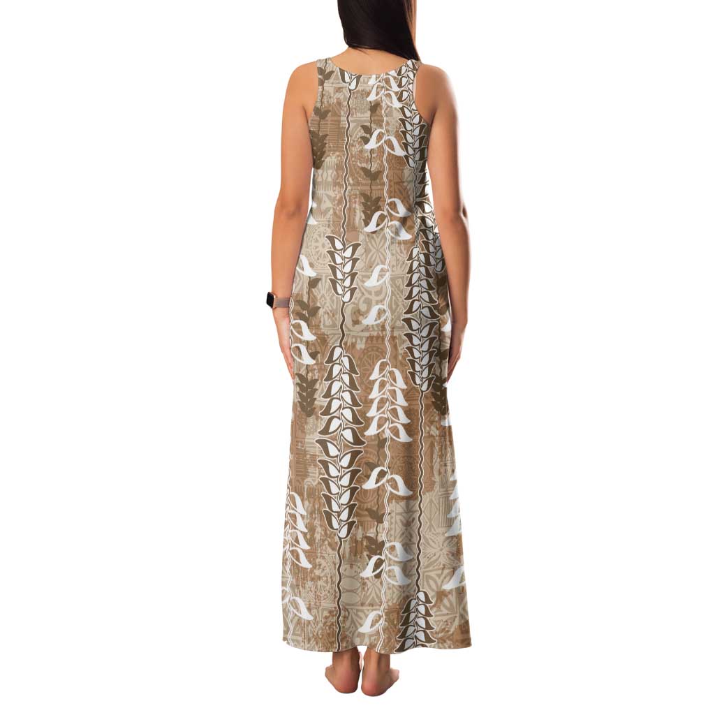 Beige Hawaii Tapa Pattern Tank Maxi Dress With Heliconia Vintage Style LT05 - Polynesian Pride