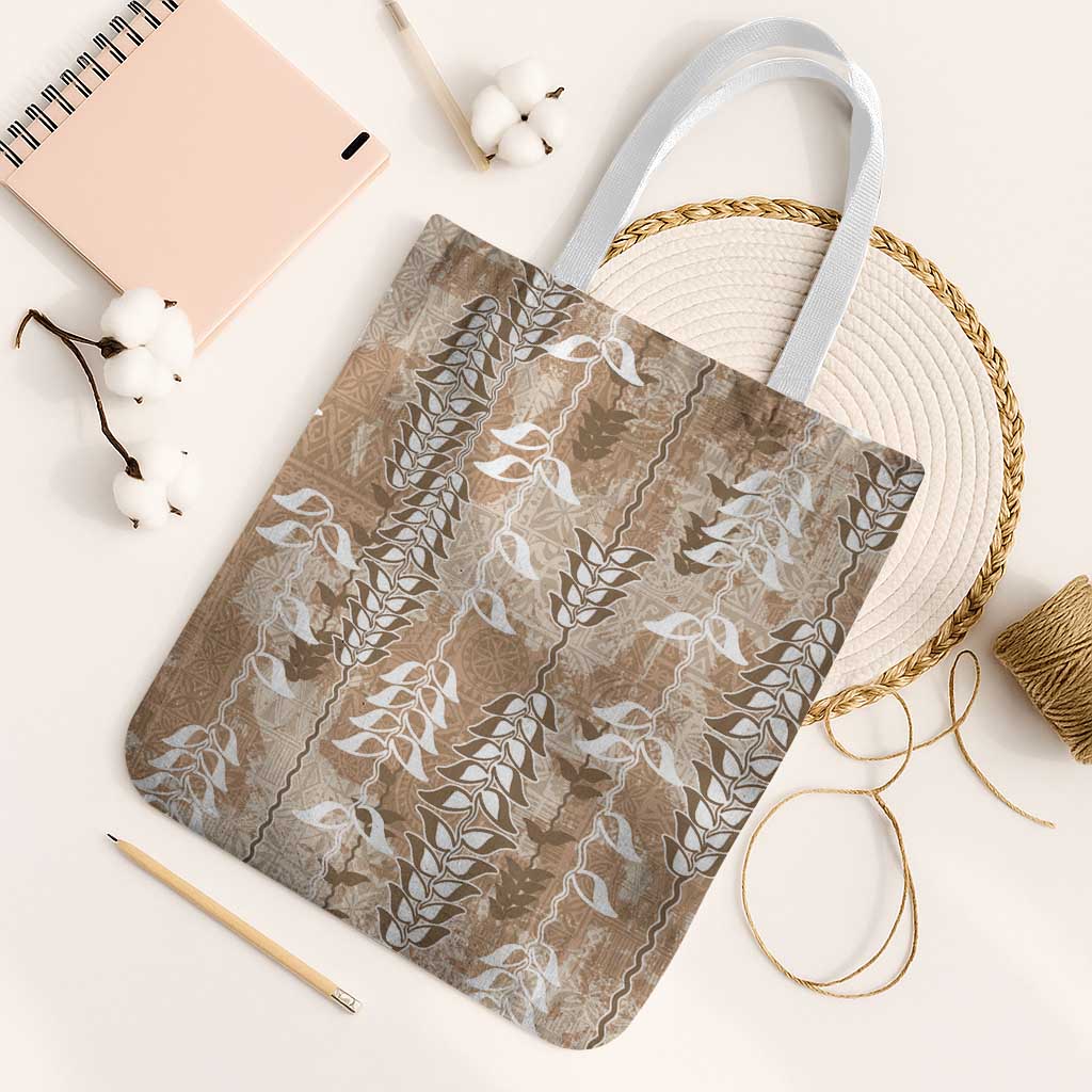 Beige Hawaii Tapa Pattern Tote Bag With Heliconia Vintage Style LT05 White Strap One Size Beige - Polynesian Pride