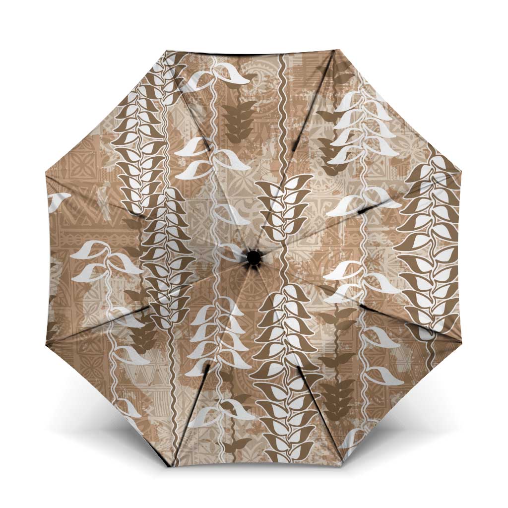 Beige Hawaii Tapa Pattern Umbrella With Heliconia Vintage Style LT05 One Size Folded 11.42 inch Opened Diameter 37.4 inch Beige - Polynesian Pride