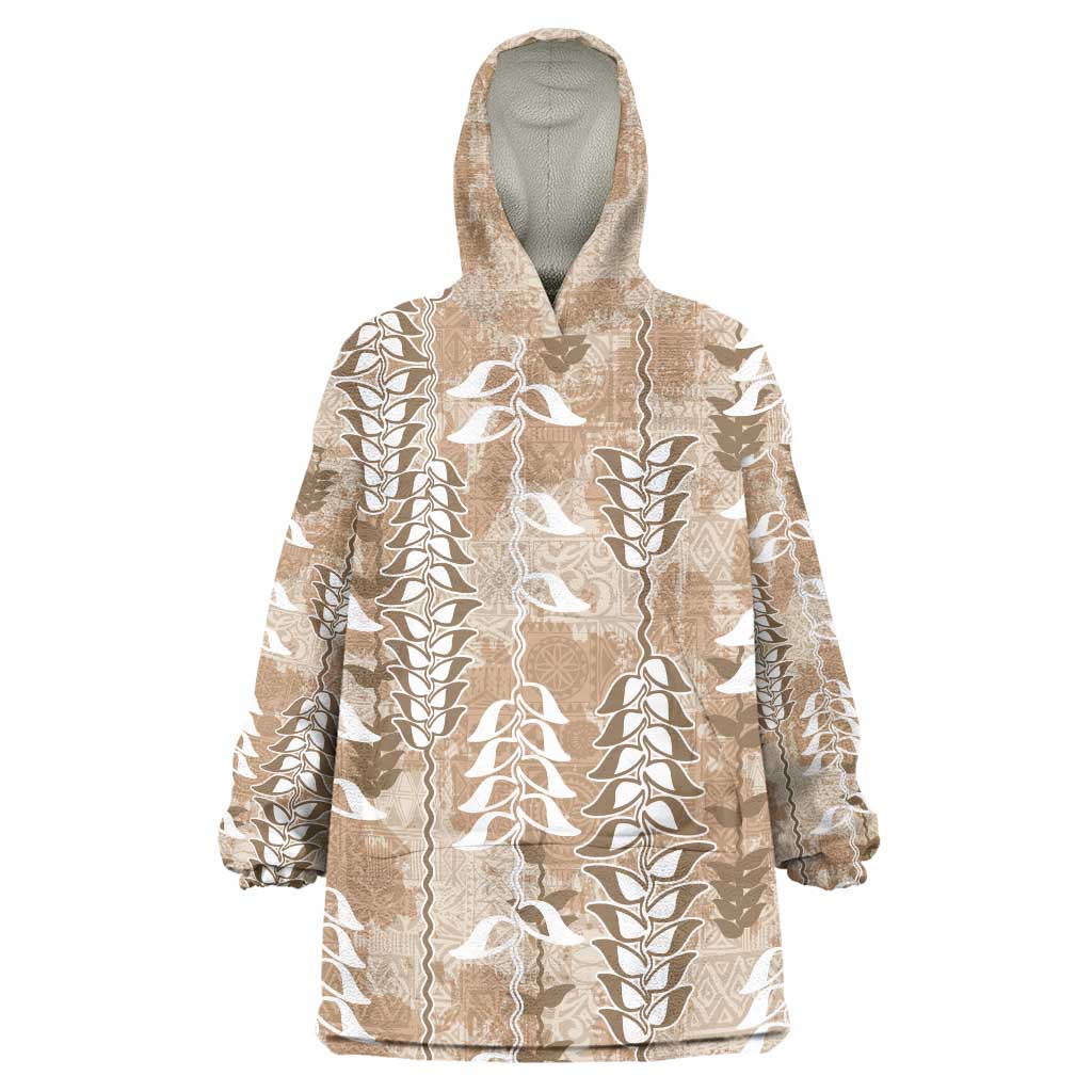 Beige Hawaii Tapa Pattern Wearable Blanket Hoodie With Heliconia Vintage Style LT05 One Size Beige - Polynesian Pride
