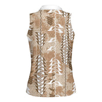 Beige Hawaii Tapa Pattern Women Sleeveless Polo Shirt With Heliconia Vintage Style LT05 - Polynesian Pride