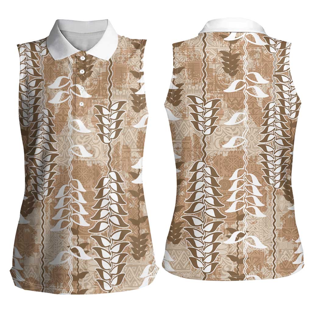 Beige Hawaii Tapa Pattern Women Sleeveless Polo Shirt With Heliconia Vintage Style LT05 - Polynesian Pride
