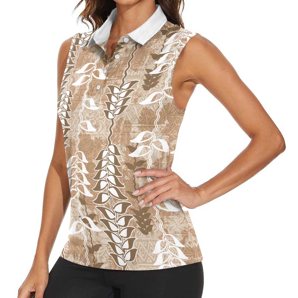 Beige Hawaii Tapa Pattern Women Sleeveless Polo Shirt With Heliconia Vintage Style LT05 - Polynesian Pride