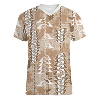 Beige Hawaii Tapa Pattern Women V-Neck T-Shirt With Heliconia Vintage Style