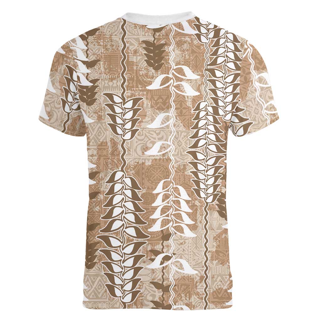 Beige Hawaii Tapa Pattern Women V-Neck T-Shirt With Heliconia Vintage Style