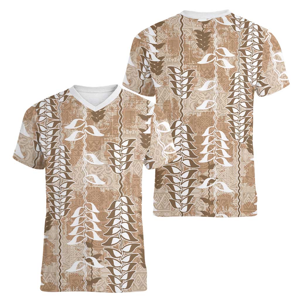 Beige Hawaii Tapa Pattern Women V-Neck T-Shirt With Heliconia Vintage Style