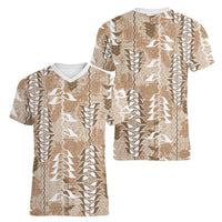 Beige Hawaii Tapa Pattern Women V-Neck T-Shirt With Heliconia Vintage Style