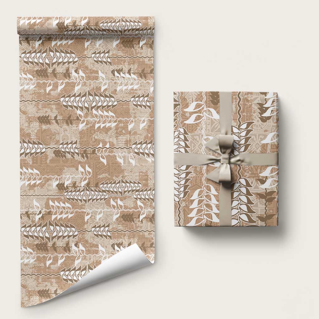 Beige Hawaii Tapa Pattern Wrapping Paper With Heliconia Vintage Style LT05 58" × 23" Beige - Polynesian Pride