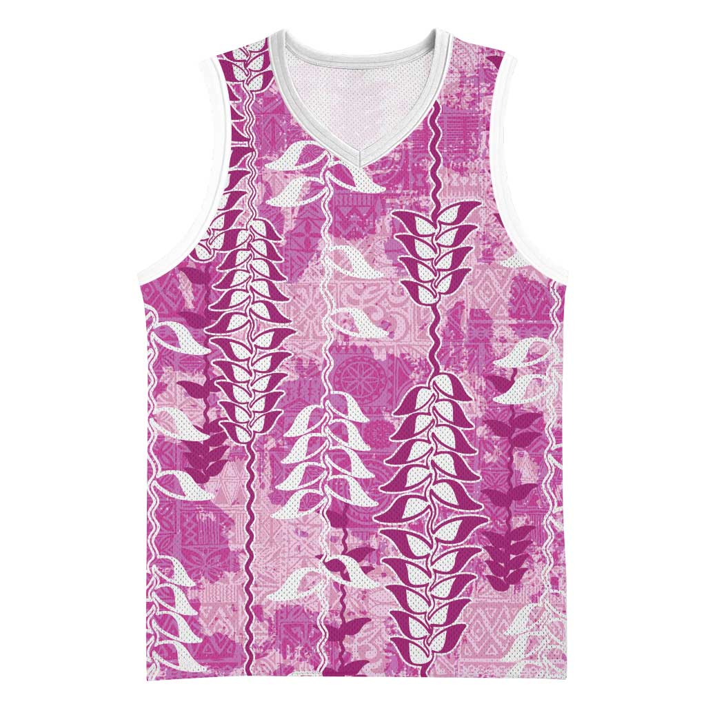 Magenta Hawaii Tapa Pattern Basketball Jersey With Heliconia Vintage Style LT05 Unisex Magenta - Polynesian Pride