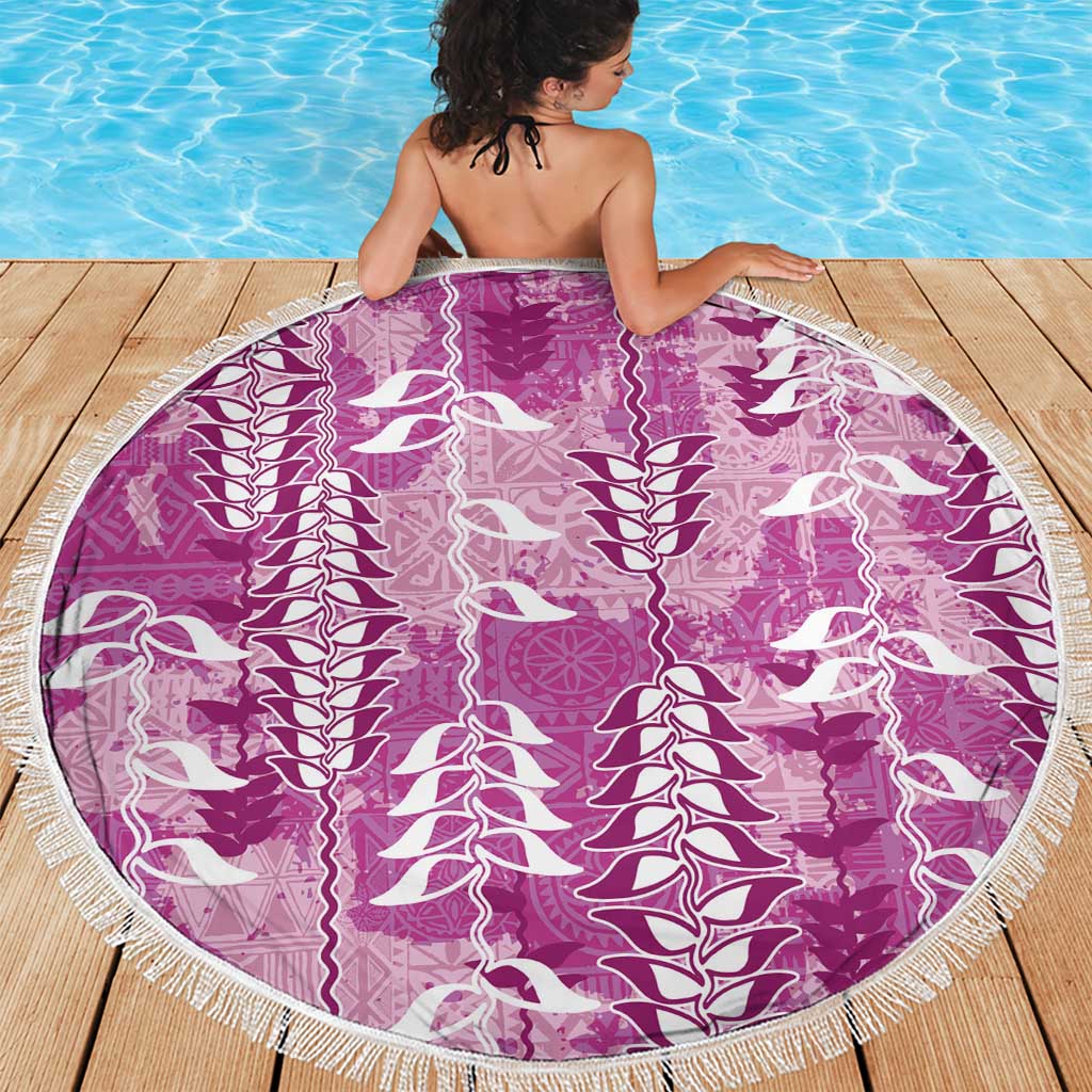 Magenta Hawaii Tapa Pattern Beach Blanket With Heliconia Vintage Style