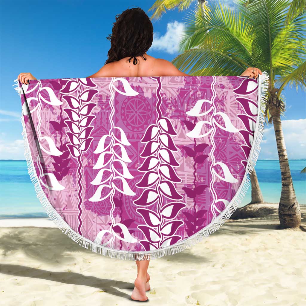 Magenta Hawaii Tapa Pattern Beach Blanket With Heliconia Vintage Style