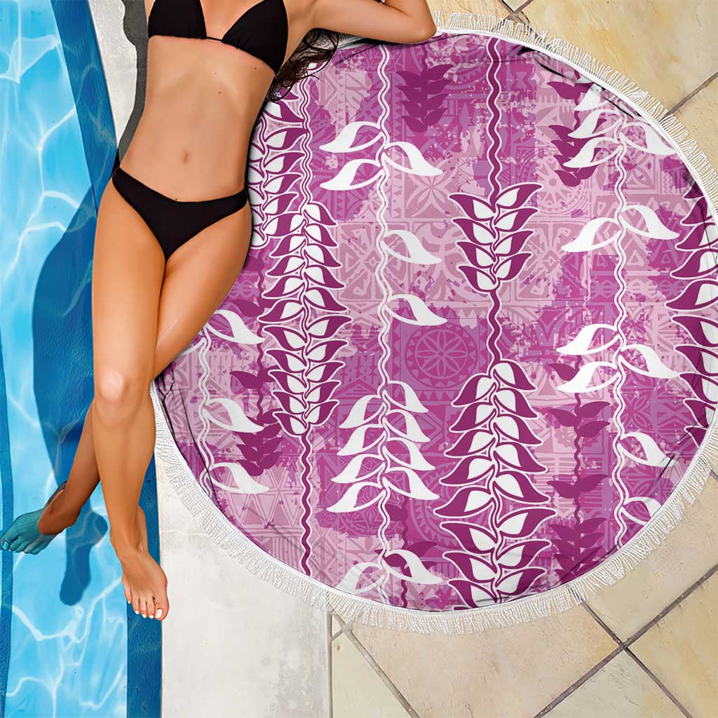 Magenta Hawaii Tapa Pattern Beach Blanket With Heliconia Vintage Style