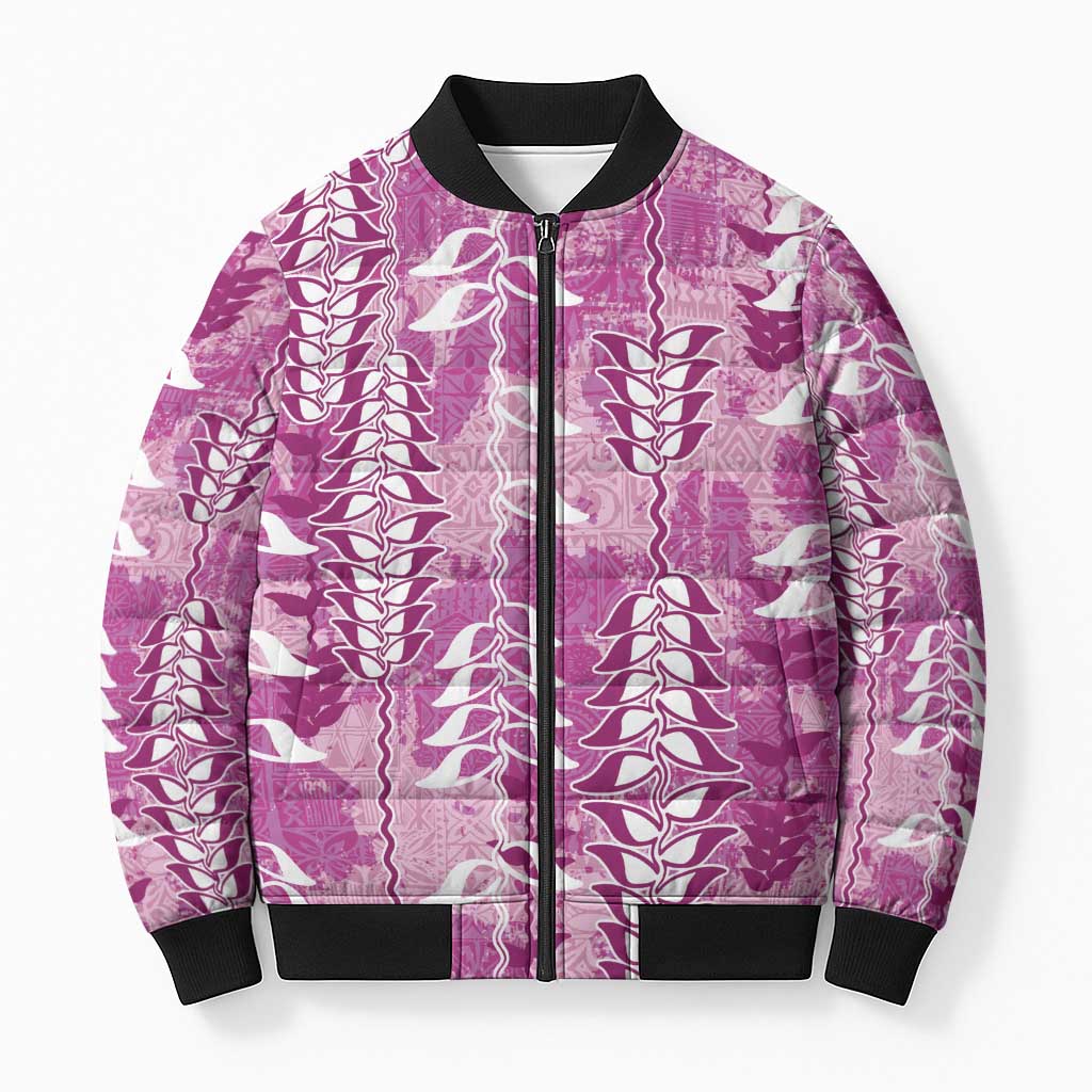 Magenta Hawaii Tapa Pattern Bomber Puffer Jacket With Heliconia Vintage Style LT05 Unisex Magenta - Polynesian Pride