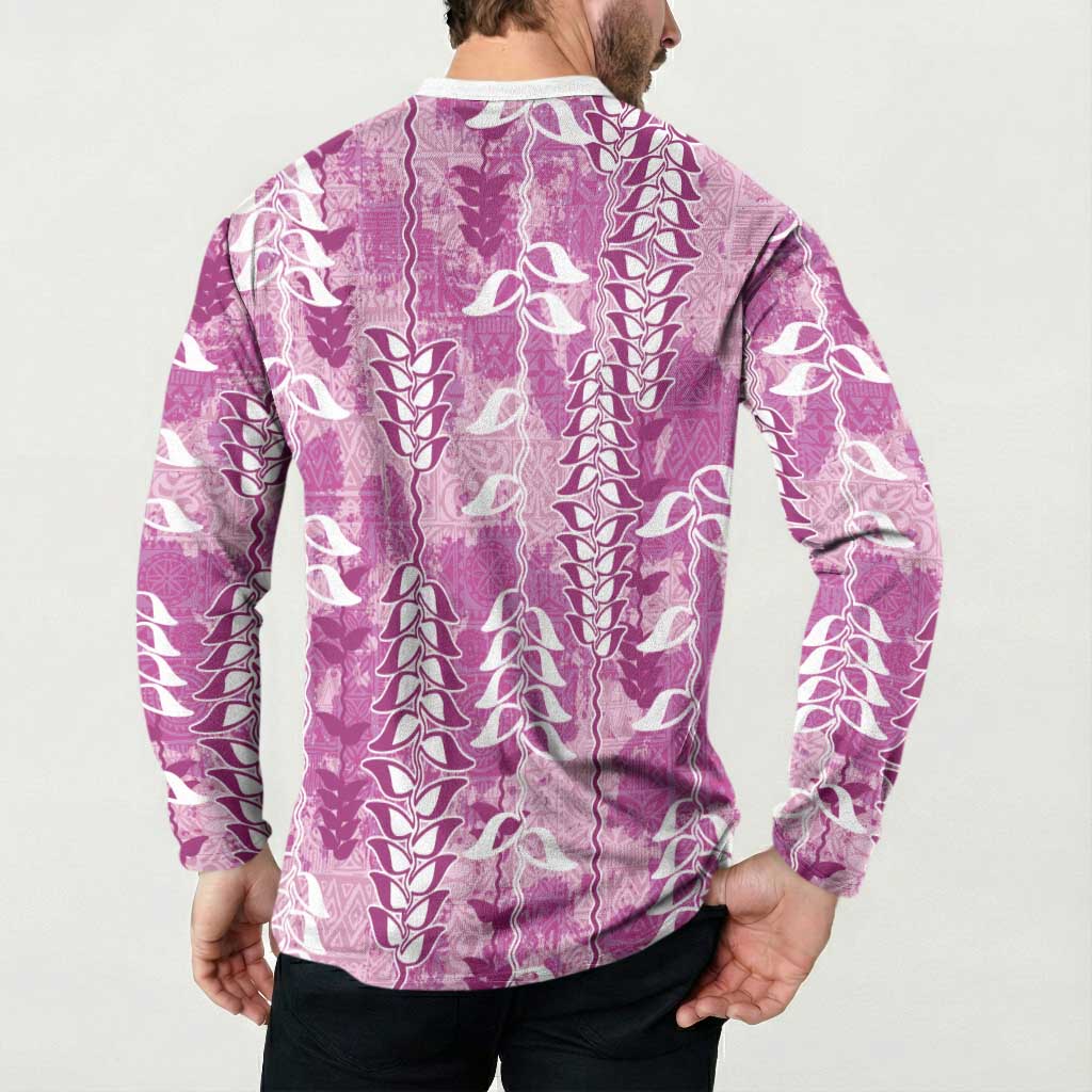 Magenta Hawaii Tapa Pattern Button Sweatshirt With Heliconia Vintage Style LT05 - Polynesian Pride
