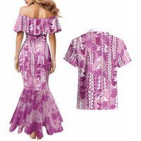 Magenta Hawaii Tapa Pattern Couples Matching Mermaid Dress and Hawaiian Shirt With Heliconia Vintage Style