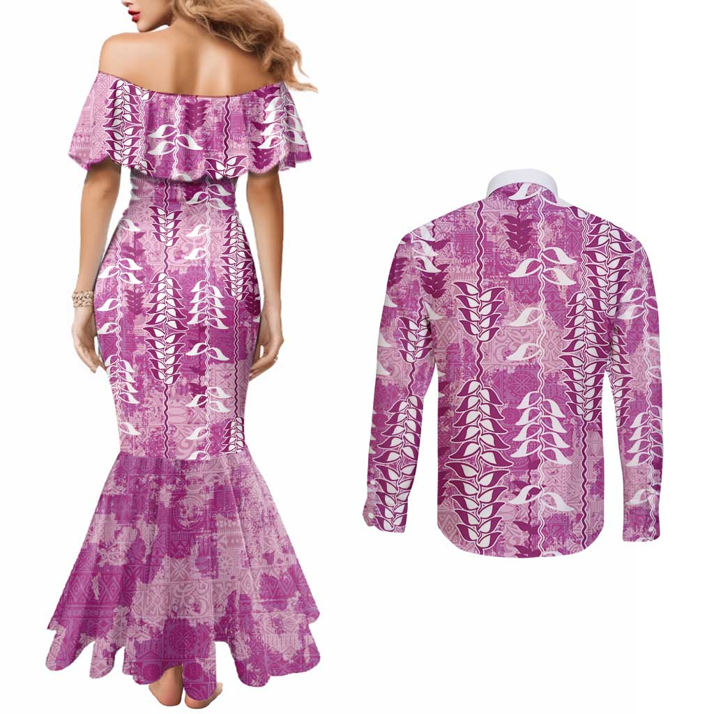 Magenta Hawaii Tapa Pattern Couples Matching Mermaid Dress and Long Sleeve Button Shirt With Heliconia Vintage Style LT05 - Polynesian Pride