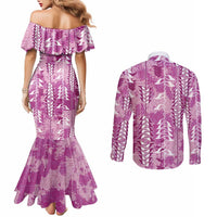 Magenta Hawaii Tapa Pattern Couples Matching Mermaid Dress and Long Sleeve Button Shirt With Heliconia Vintage Style LT05 - Polynesian Pride