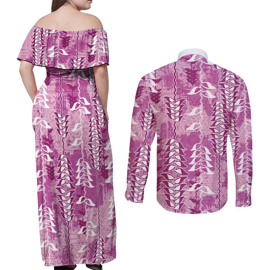 Magenta Hawaii Tapa Pattern Couples Matching Off Shoulder Maxi Dress and Long Sleeve Button Shirt With Heliconia Vintage Style LT05 - Polynesian Pride