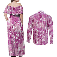 Magenta Hawaii Tapa Pattern Couples Matching Off Shoulder Maxi Dress and Long Sleeve Button Shirt With Heliconia Vintage Style LT05 - Polynesian Pride