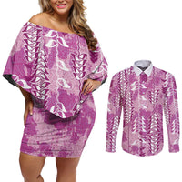Magenta Hawaii Tapa Pattern Couples Matching Off Shoulder Short Dress and Long Sleeve Button Shirt With Heliconia Vintage Style LT05 Magenta - Polynesian Pride