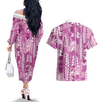 Magenta Hawaii Tapa Pattern Couples Matching Off The Shoulder Long Sleeve Dress and Hawaiian Shirt With Heliconia Vintage Style