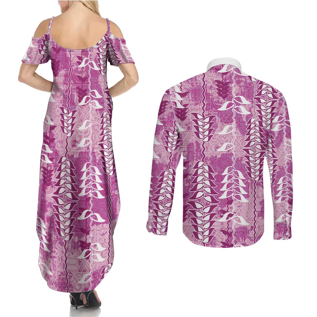Magenta Hawaii Tapa Pattern Couples Matching Summer Maxi Dress and Long Sleeve Button Shirt With Heliconia Vintage Style LT05 - Polynesian Pride