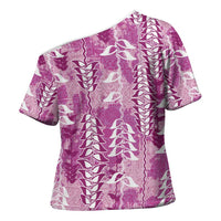 Magenta Hawaii Tapa Pattern Cross Shoulder Shirt With Heliconia Vintage Style LT05 - Polynesian Pride