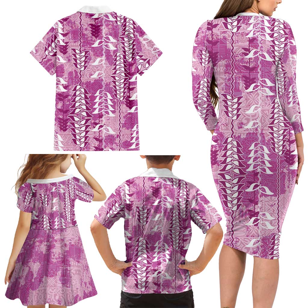 Magenta Hawaii Tapa Pattern Family Matching Long Sleeve Bodycon Dress and Hawaiian Shirt With Heliconia Vintage Style