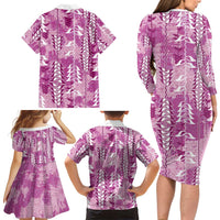 Magenta Hawaii Tapa Pattern Family Matching Long Sleeve Bodycon Dress and Hawaiian Shirt With Heliconia Vintage Style