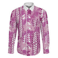 Magenta Hawaii Tapa Pattern Family Matching Long Sleeve Bodycon Dress and Hawaiian Shirt With Heliconia Vintage Style
