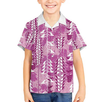 Magenta Hawaii Tapa Pattern Family Matching Long Sleeve Bodycon Dress and Hawaiian Shirt With Heliconia Vintage Style
