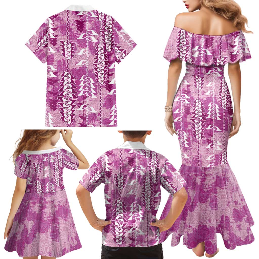 Magenta Hawaii Tapa Pattern Family Matching Mermaid Dress and Hawaiian Shirt With Heliconia Vintage Style