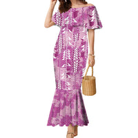 Magenta Hawaii Tapa Pattern Family Matching Mermaid Dress and Hawaiian Shirt With Heliconia Vintage Style