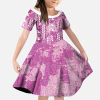 Magenta Hawaii Tapa Pattern Family Matching Off The Shoulder Long Sleeve Dress and Hawaiian Shirt With Heliconia Vintage Style