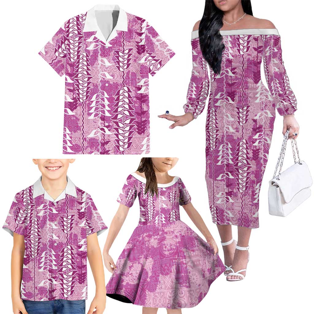 Magenta Hawaii Tapa Pattern Family Matching Off The Shoulder Long Sleeve Dress and Hawaiian Shirt With Heliconia Vintage Style LT05 - Polynesian Pride