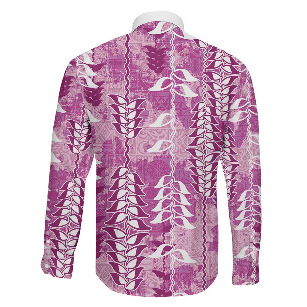 Magenta Hawaii Tapa Pattern Family Matching Off The Shoulder Long Sleeve Dress and Hawaiian Shirt With Heliconia Vintage Style