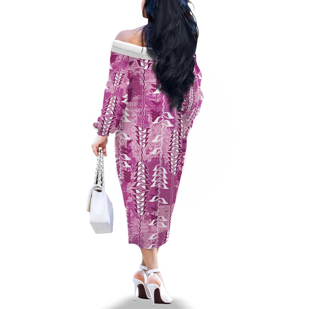 Magenta Hawaii Tapa Pattern Family Matching Off The Shoulder Long Sleeve Dress and Hawaiian Shirt With Heliconia Vintage Style