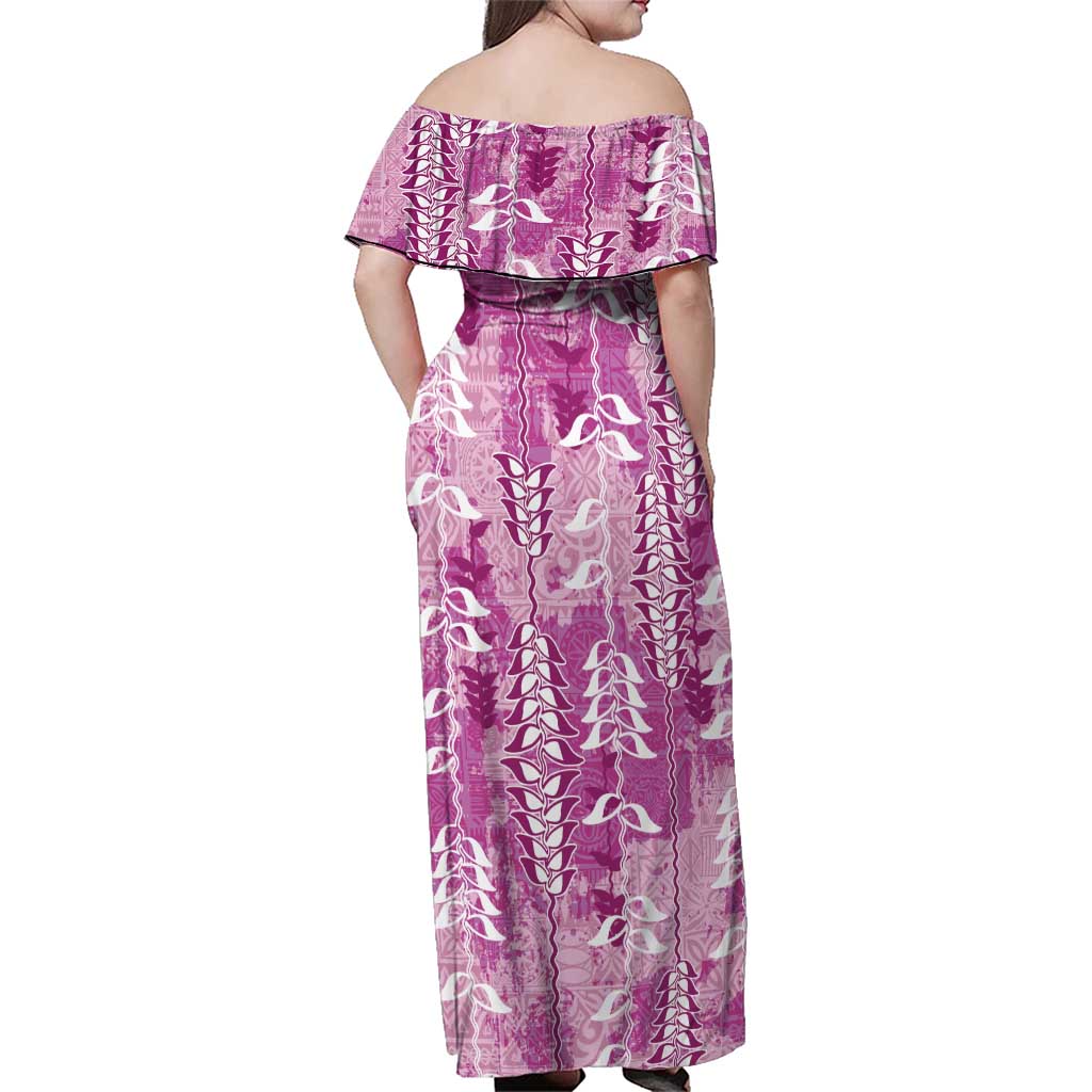 Magenta Hawaii Tapa Pattern Family Matching Off Shoulder Maxi Dress and Hawaiian Shirt With Heliconia Vintage Style